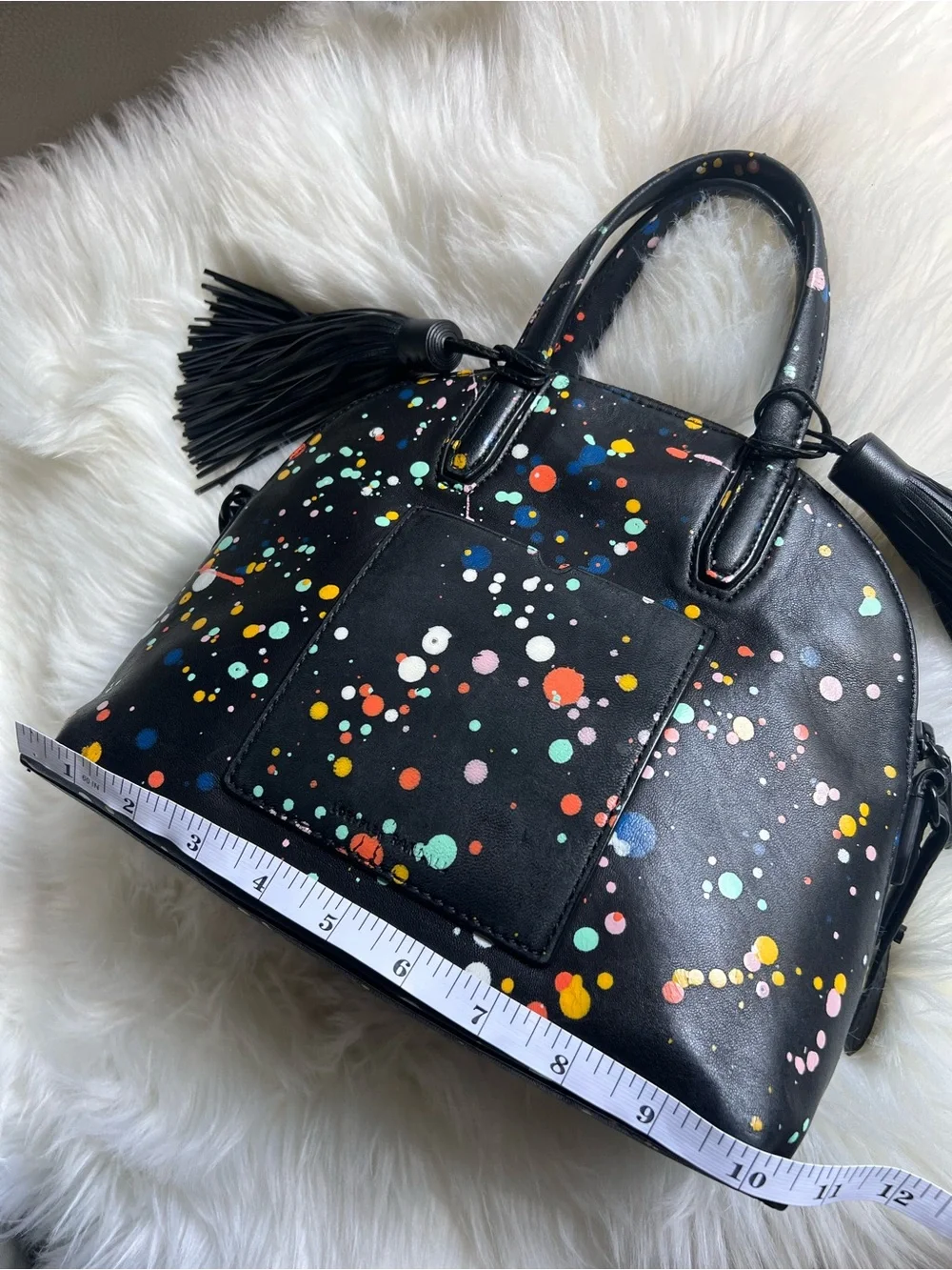 Loeffler Randall Dome Splatter Paint Leather Satchel Black With Tassels Chic